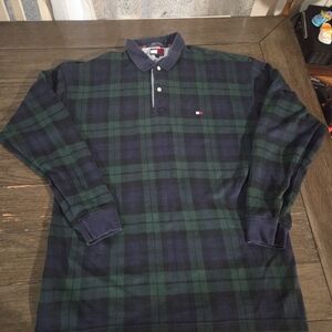 VintageTommy Hilfiger Men's Green and Blue Plaid Shirt